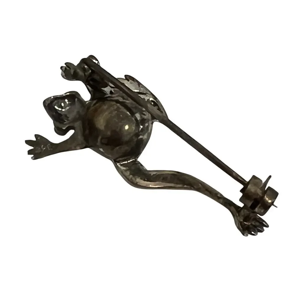Vintage Sterling Silver .925 Frog Brooch Black Onyx Marcasite Eyes Animal Pin